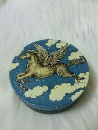 Fun Vtg.  Potpourri Press Flying Horse Pegasus In Clouds Blue White Mini Tin
