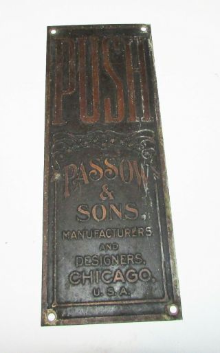 Antique Art Nouveau Copper Push Plate Passow & Sons Pool Table Saloon Mfr