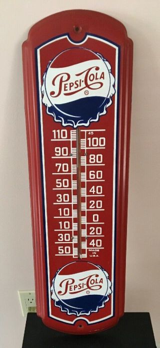 Vtg Red Pepsi Cola Advertising Thermometer 27 " X 8 " Metal Sign Usa Soda Pop