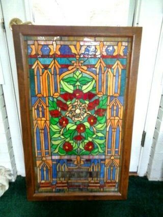 Vintage Wood Framed Leaded Stained Glass Window Hanging 37 " X 23 " 2 (65)