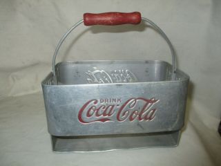 1950s Aluminum Coca - Cola 6 Pack Bottle Carrier Red Handle