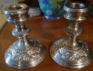 Pair Silver Embossed Short Candle Sticks Marked B.  & Co Anchor,  Lion,  S
