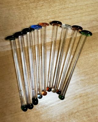 Vintage Set Of 9 Glass Stir Swizzle Sticks / Muddlers Colors