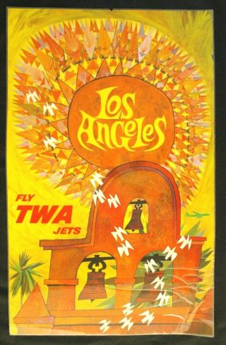60s Twa Los Angeles Vintage Travel Airlines Poster David Klein 25x40