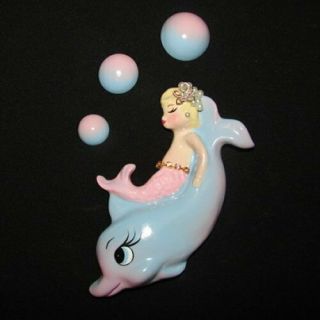 Mermaid On Dolphin Wall Plaque W Bubbles For Vintage Or Retro Bath Decor