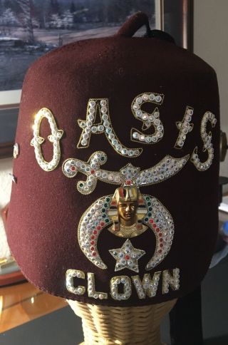 Vintage Shriners Oasis Clown Fez Hat Embroidered W/ Clown Tassel Holder