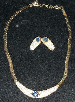 Vtg Christian Dior Rhinestone,  Blue Sapphire Goldplated Necklace & Clip Earrings