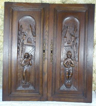 Pair Antique French Hand Carved Panels/door Oak Wood/ Figures/ Medieval Couple