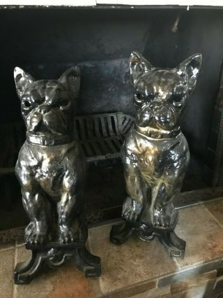 Antique French Bulldog Boston Terrier Dog Andirons Fireplace Decor Rare