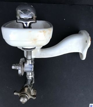 Vintage Crane Porcelain Cast Iron Wall Mount Water Drinking Fountain