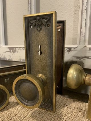 Set Of 3 Antique Brass Door Knob Set & Escutcheon Plates Victorian Vintage