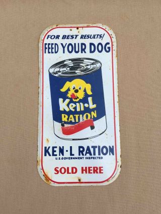 Old Ken - L - Ration Dog Food Here Painted Tin Advertising Door Push Sign
