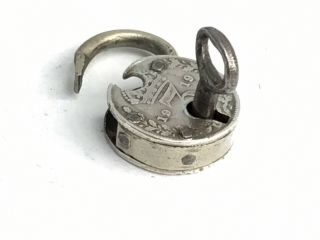 Unusual Antique/vintage Silver Threepence Pad Lock And Key,