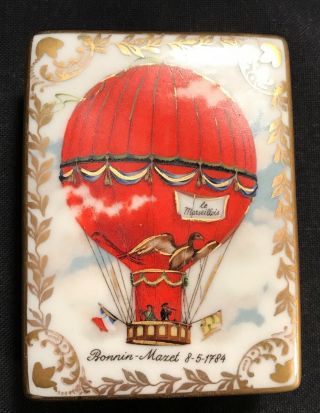 Limoges France Rehausse Main Porcelain Trinket Box With Hot Air Balloon