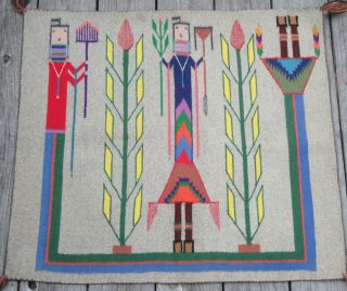 Vintage Navajo Yei Pictorial Rug Weaving 26 By 28 Inches