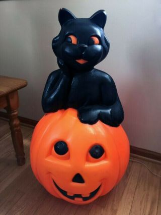 Vintage Halloween Blow Mold Black Cat On Pumpkin 1993 Carolina Enterprises