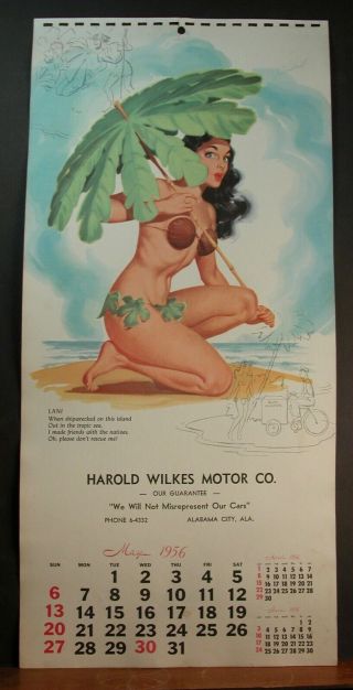 Bill Randall Calendar Page May 1956 Hawaiian Lani Palm Parasol Coconut Shell Top