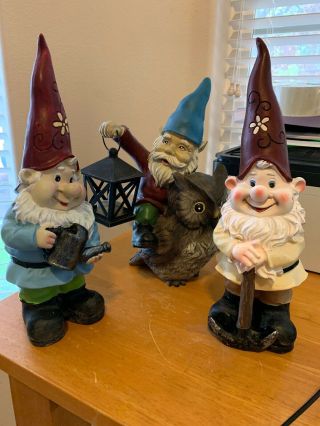 Set Of 3 - 12’ Gnomes For Garden Or Inside Cute Well Made No Break Cracks Stains