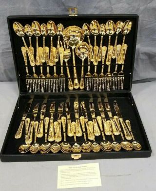 Wm Rogers & Sons Gold Plated Flatware Enchanted Rose Serving Full Set 51pc.