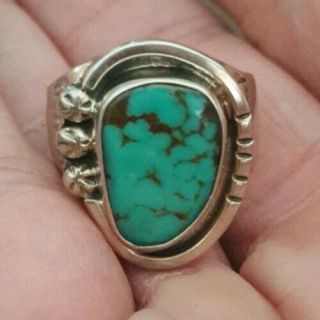 Early Rare Mexican Signed Plata Sterling Gem Manassa Turquoise Ring Size 10.  5