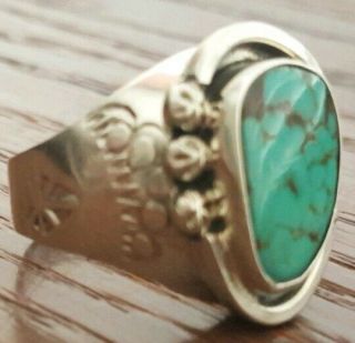 Early Rare Mexican Signed Plata Sterling Gem Manassa Turquoise Ring Size 10.  5 2