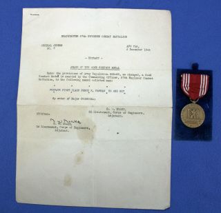 Us Army 57th Engineer Combat Battalon Named Good Conduct Medal W/paperwork 1944