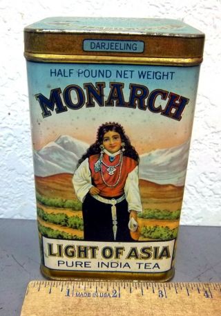 Vintage Monarch Light Of Asia Pure India Tea Tin,  Still Full Graphics