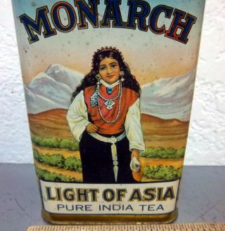 Vintage Monarch Light of Asia pure India tea tin,  STILL FULL graphics 2
