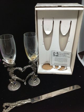 Dragon Set 2 Stems Pewter Champagne Flute Glasses Set Fellowship Foundry & Knife