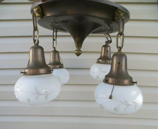 Antique Flush Mount Brass Ceiling Light Fixture W/ 4 Lamps