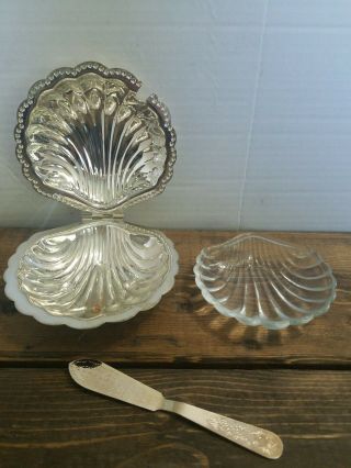 Silver Plate Clam Shell Butter Caviar Dish W/ Glass Insert And Metal Dish Euc