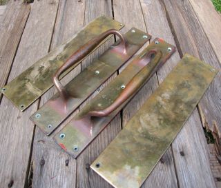 Large Old Of Solid Brass Door Handle Pulls With Finger Push Plates