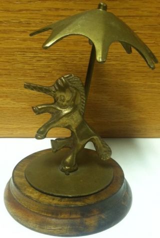 Vintage Solid Brass Unicorn On Wood Base And Brass Umbrella 5 " Tall