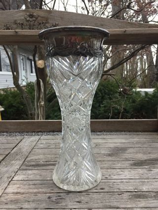 Antique Victorian Art Nouveau 14 " Tall Fine Sterling Silver & Crystal Glass Vase
