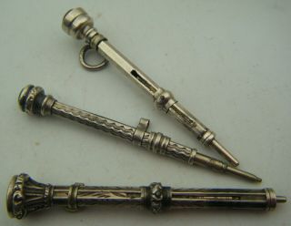 A Mixed Group Of 3 Silver Fancy Stone Set C19th Victorian Era Propelling Pencils