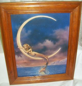 Framed Risque Print Mermaid On Crescent Moon