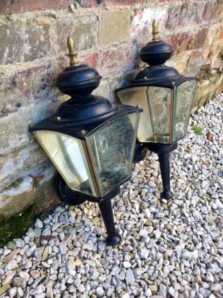 Pair Antique Vintage Brass Porch Lamp,  Carriage Light,  Wall Lantern,  Bevelled Glass