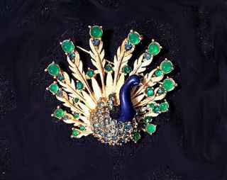 Boucher Gold Plated Enamel Peacock Brooch W Emerald Green Cobalt Blue Rhinestone
