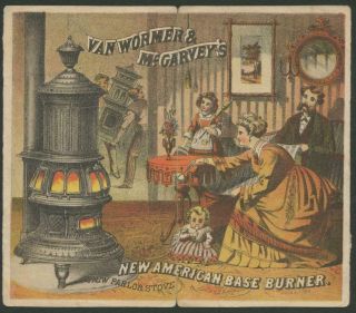 1870’s “american Base Burner” Stove Litho Color Trade Folder - Parlor Scene
