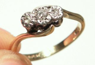 Stunning Antique Art Deco Platinum 3 Stone Diamond Trilogy Twist 9ct Gold Ring