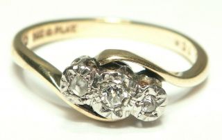 Stunning Antique Art Deco PLATINUM 3 stone DIAMOND Trilogy TWIST 9ct Gold Ring 2