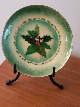 Vintage Mid Century 6 " Bovano Enamel On Copper Dish Christmas Green Holly