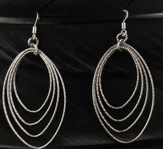 Large Estate Sterling Silver Diamond Cut Oval Hoop Dangle Earrings 2 5/8 " Long