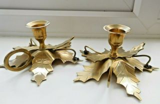 Pair Vintage Festive Brass Holly & Berry Candle Chamber Sticks 1950s 60s
