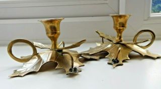 Pair vintage festive brass holly & berry candle chamber sticks 1950s 60s 2