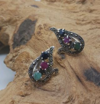 Vintage Solid Sterling Silver Ruby,  Sapphire & Emerald Earrings