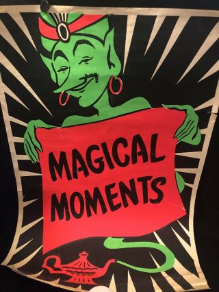 Vtg Oddity Blacklight Poster " Magical Moments " Genie & Magic Lamp Magician Promo