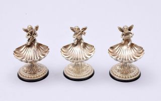 Set Of 3 Solid Silver Open Salt With Cherub Playing Musical Instruments