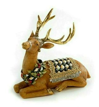 Nib Mackenzie Childs Tawny Resting Deer W/ Courtly Check/stripe Christmas