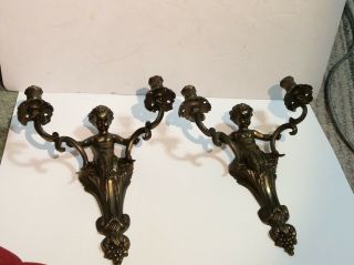 Antique Figural 2 Arms Brass Wall Candle Sconces Cherub